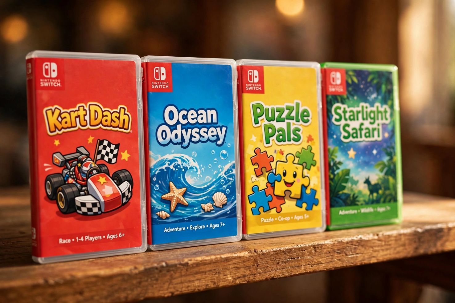 A row of game cases lined up on a shelf, photographed from a slight angle.