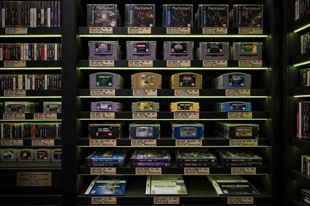 A collector's archive of game cartridges and discs carefully preserved on wooden shelves.