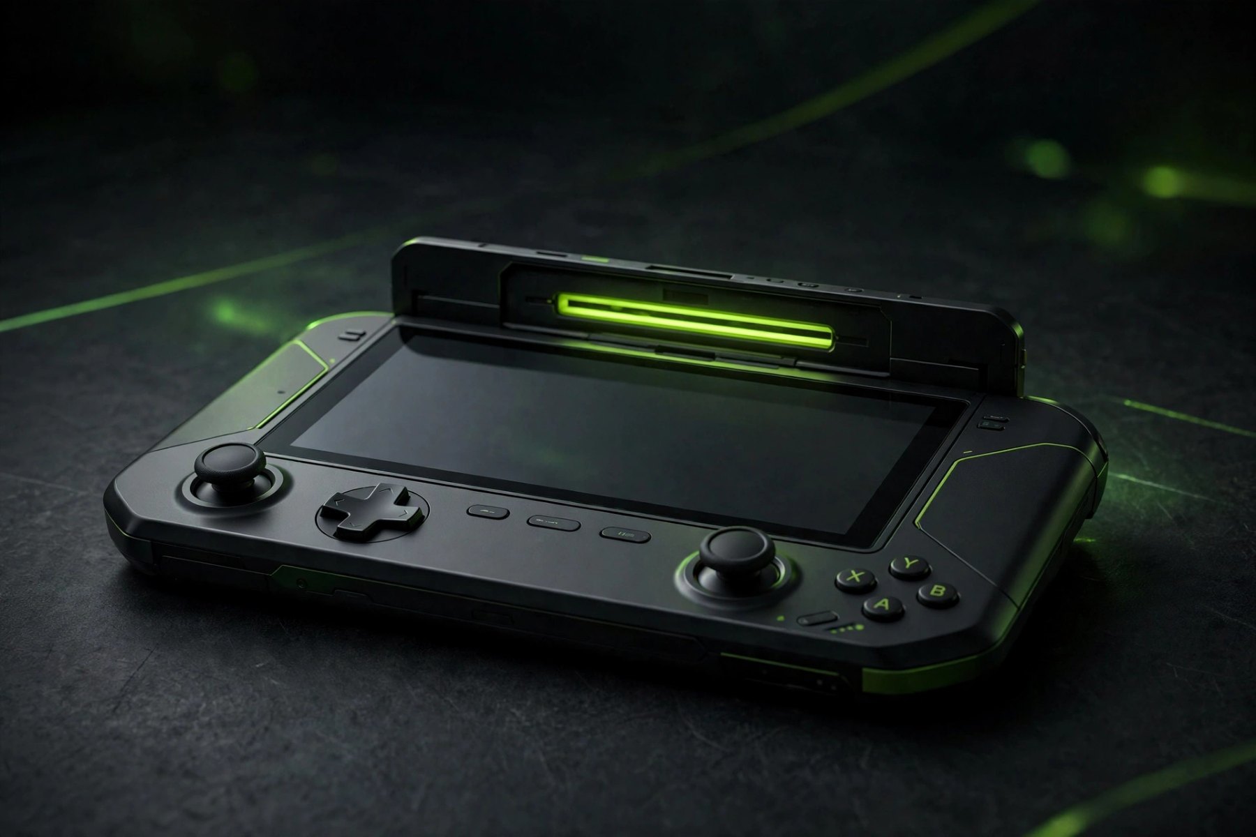 A handheld gaming console with its cartridge slot highlighted, glowing softly on a dark background.