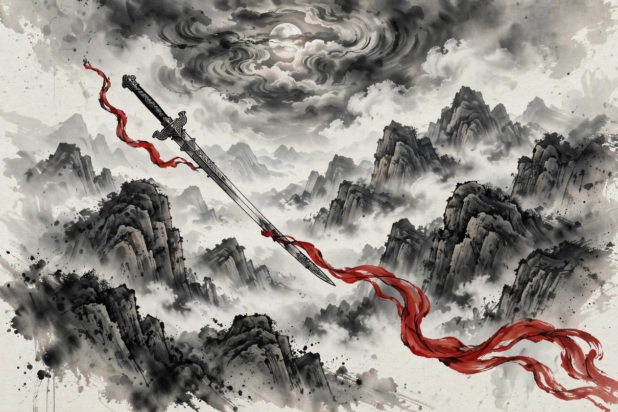 Chinese ink-wash painting of misty wuxia mountains with an ornate sword and red silk ribbon under a full moon.