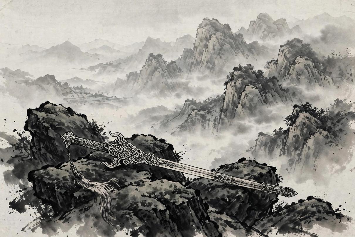 Ink-wash style misty wuxia mountain landscape with a sword silhouette and red ribbon under a full moon.