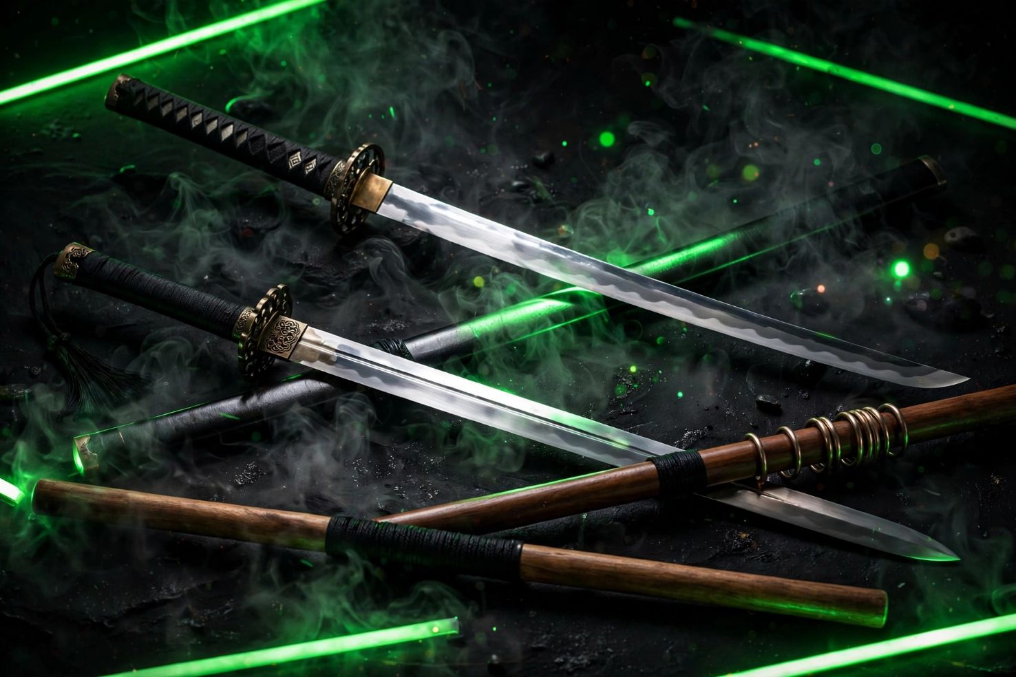 Traditional martial-arts weapons displayed against a dark background with dramatic lighting.