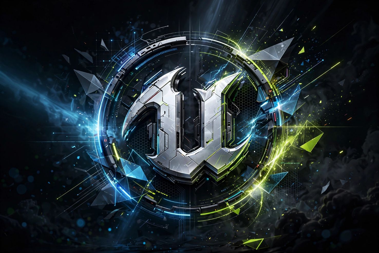 Original concept illustration evoking a game engine emblem in a stylised neon style.