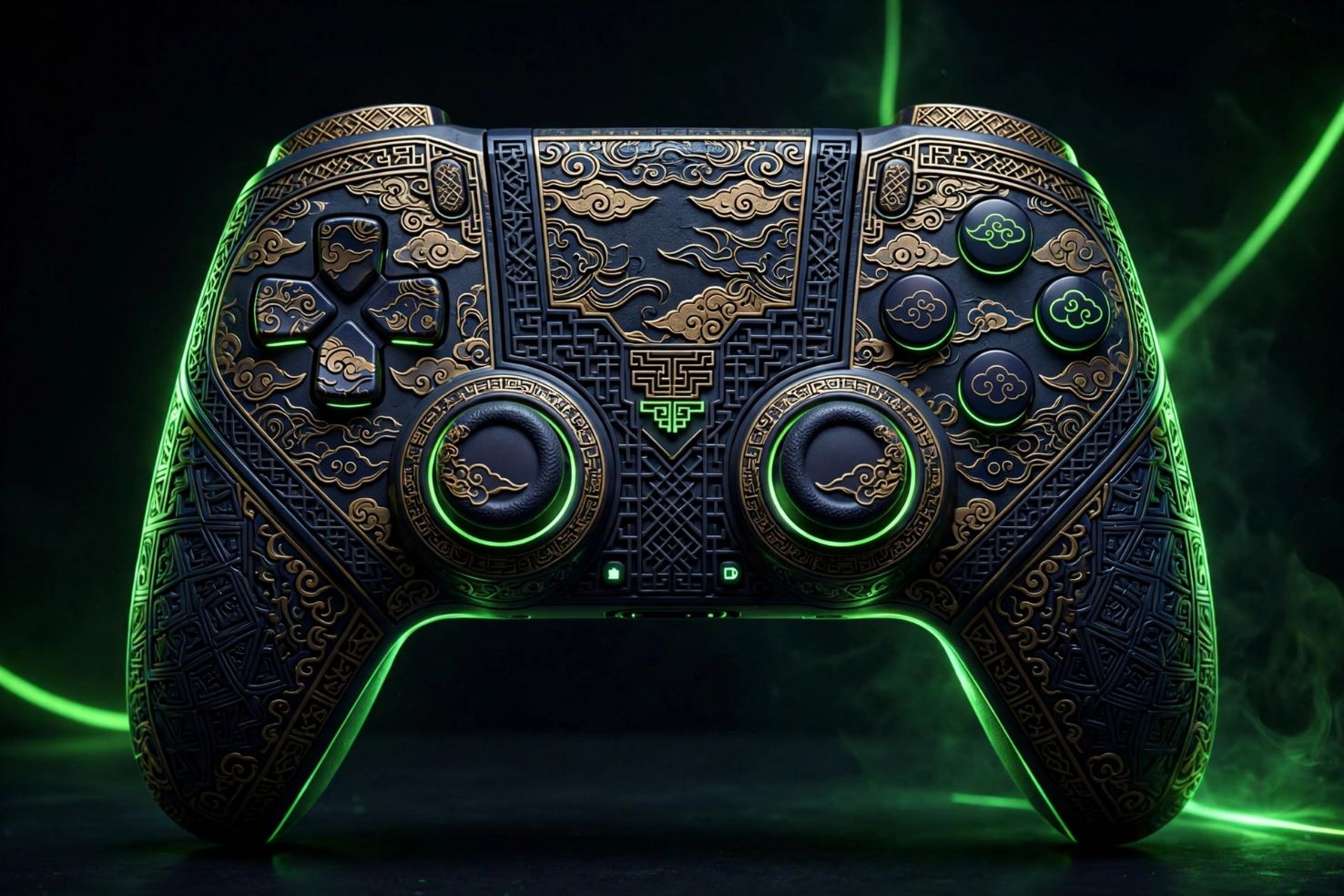 Gaming controller decorated with Chinese-inspired patterns on a dark surface.