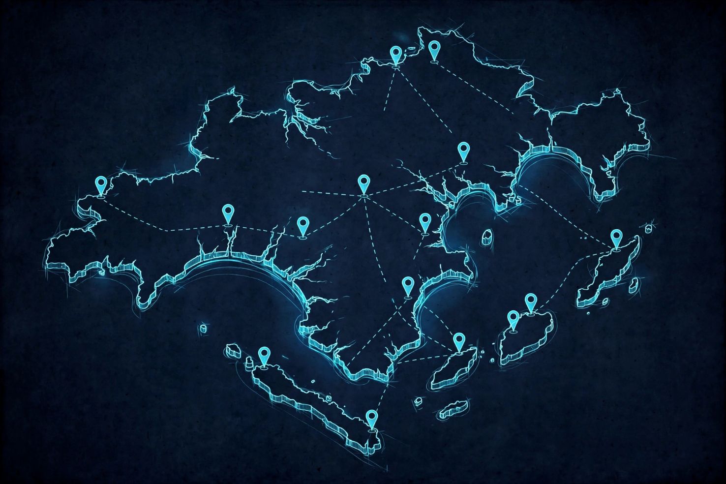 Blueprint-style concept map of a fictional continent on dark drafting paper with glowing coastline outlines and location pins.