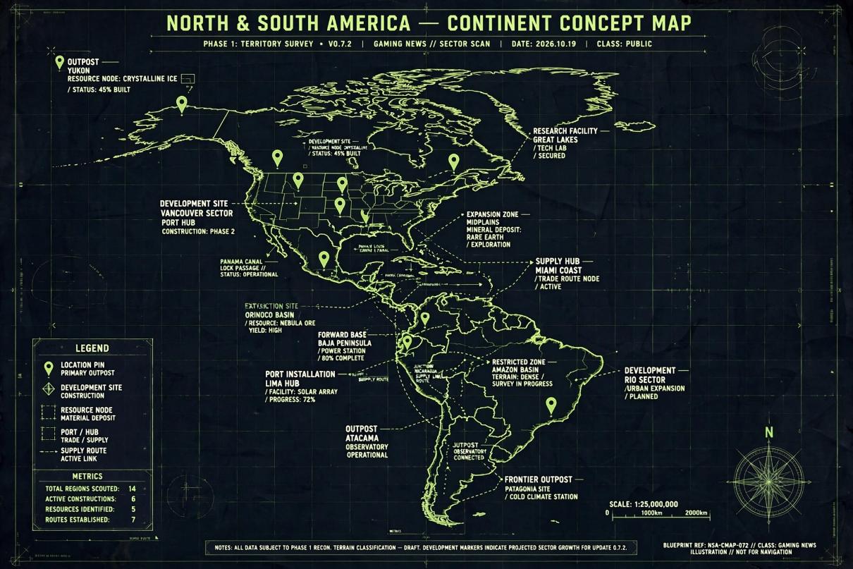 Illustrative AI-generated blueprint-style map of the Americas with glowing coastline outlines
