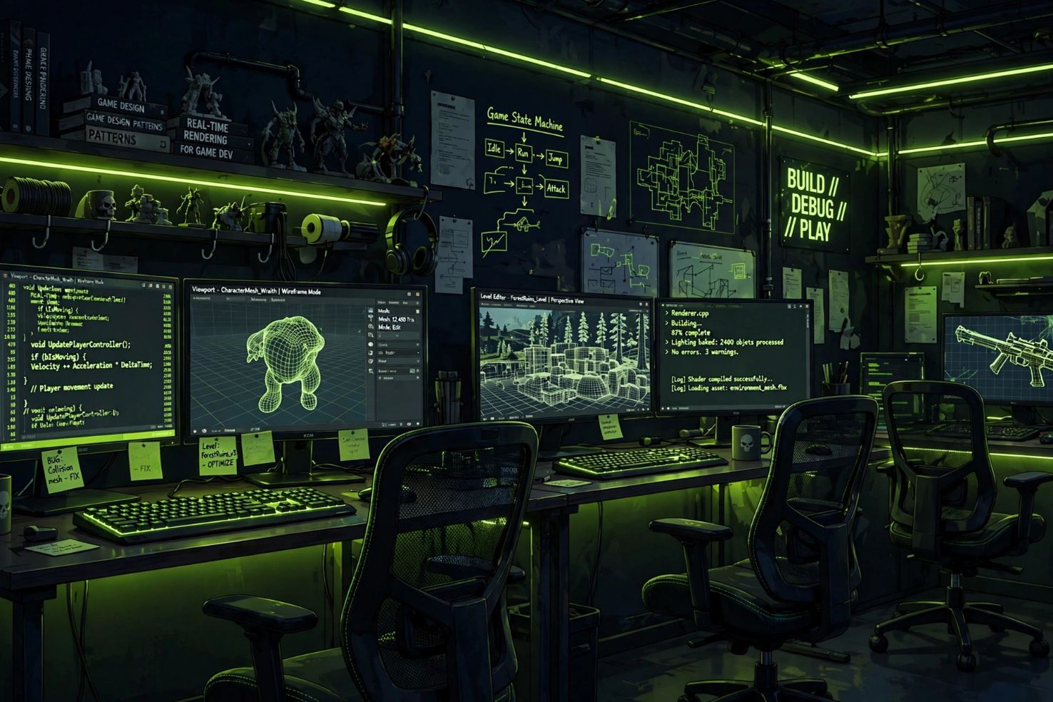 Illustrative AI-generated game development studio workspace with glowing monitors, no people