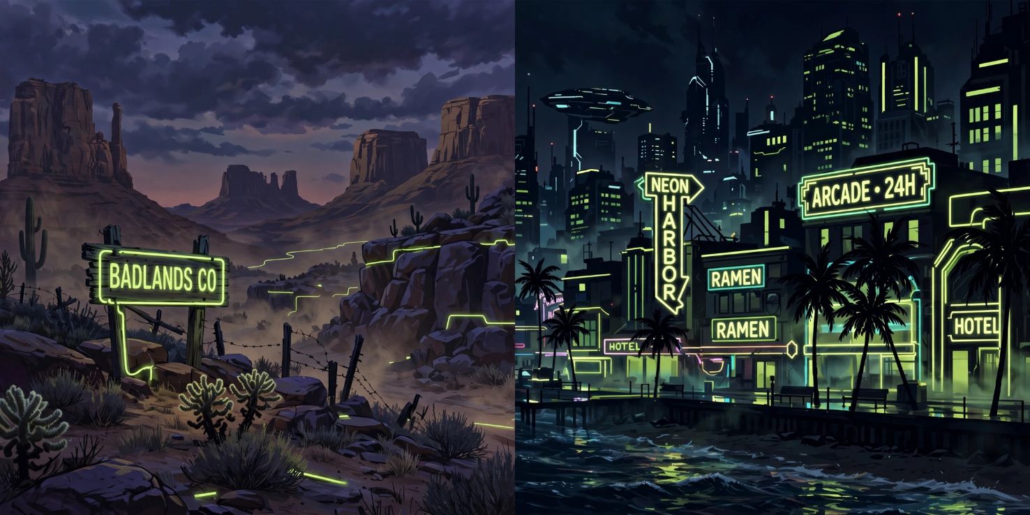 Illustrative AI-generated split image: western desert vs neon coastal cityscape
