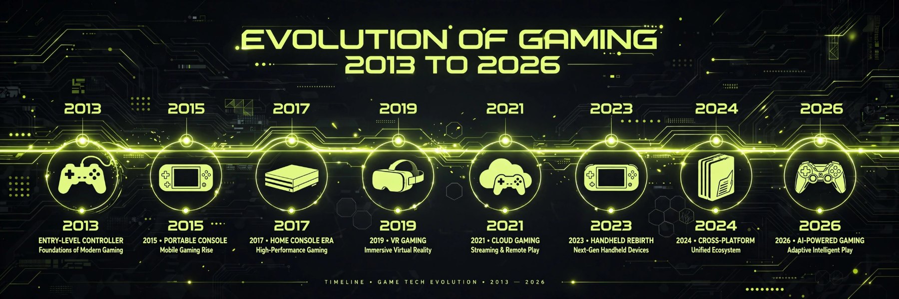 Illustrative AI-generated 2013-2026 timeline with glowing milestone nodes